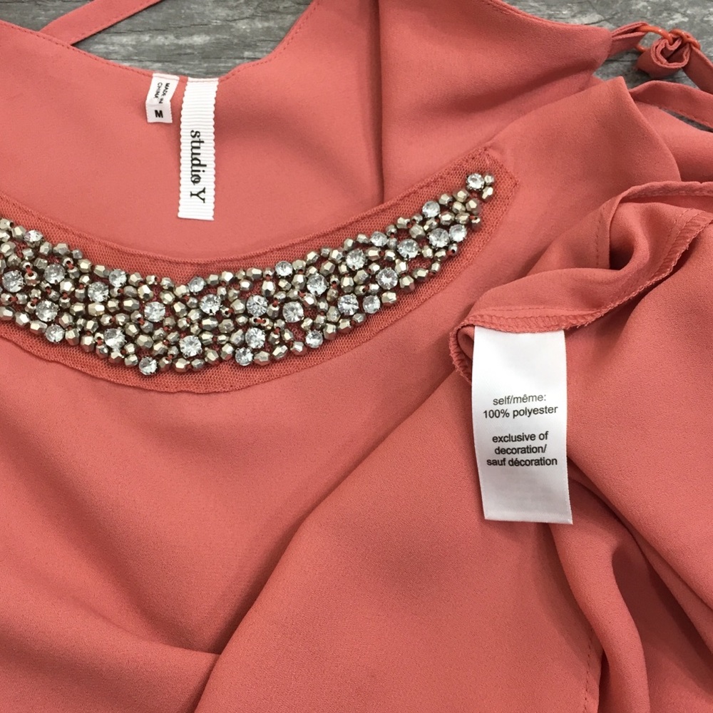 Blush Beaded Embellished Spaghetti Strap Dressy Cami Chiffon Double Layer - Picture 8 of 8